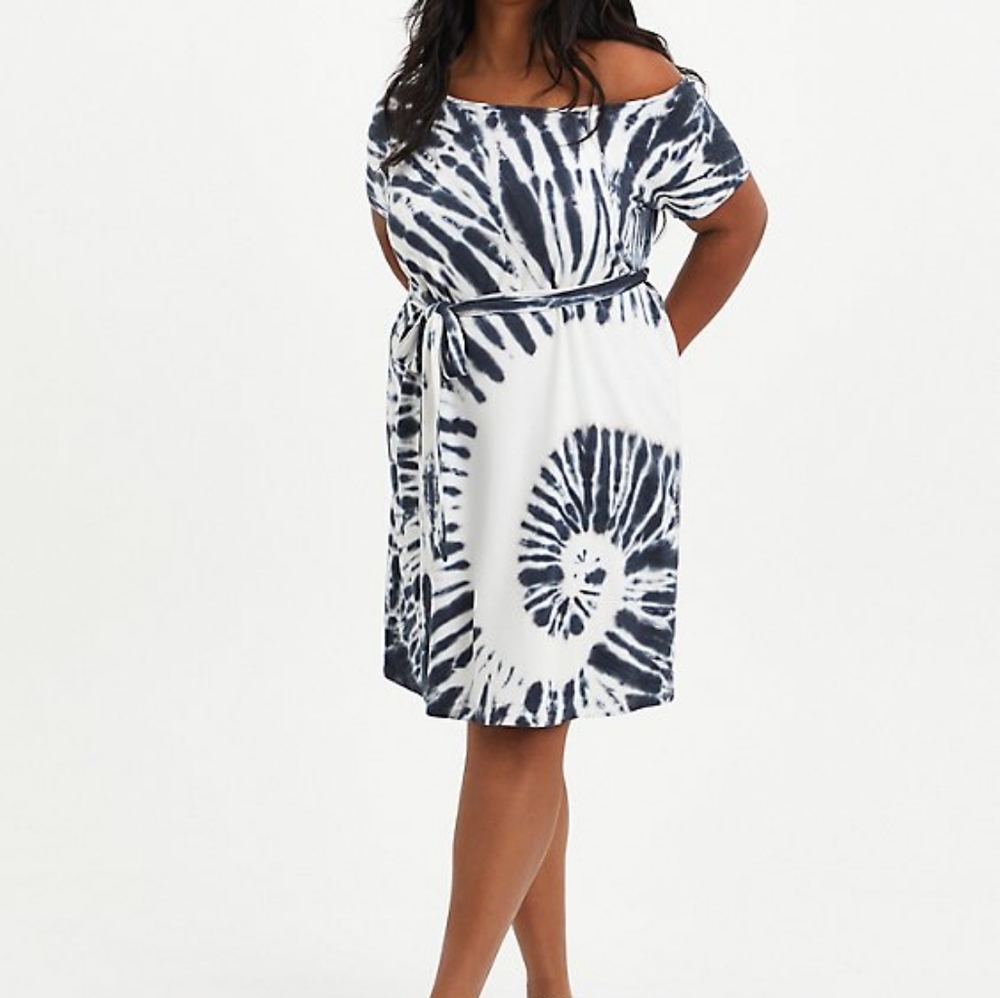 TORRID BLACK TIE DYE OFF-SHOULDER FRENCH TERRY T-SHIRT DRESS size 1